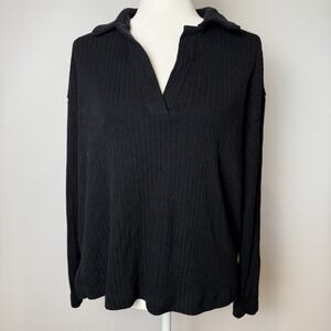 Madewell Sz MED Ribbed Knit Collared Top Black Long Sleeve V Neck Sweater Top